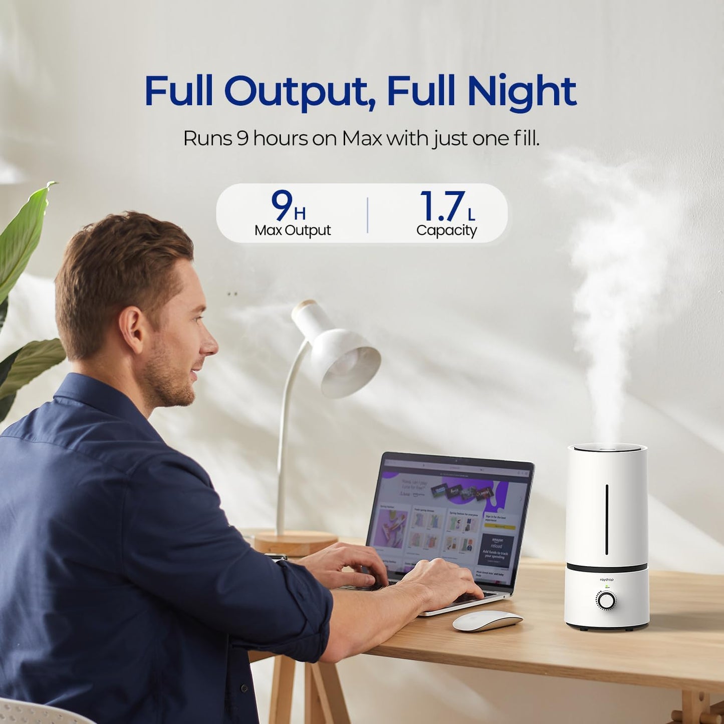 Raydrop Cool Mist Humidifier - Quiet Ultrasonic Design for Home & Babies | 1.70L Capacity, Auto Shut Off