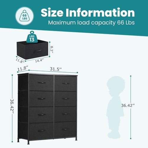 DUMOS 8 Drawer Dresser - Sturdy Fabric Storage Organizer with Metal Frame | Matte Black Finish