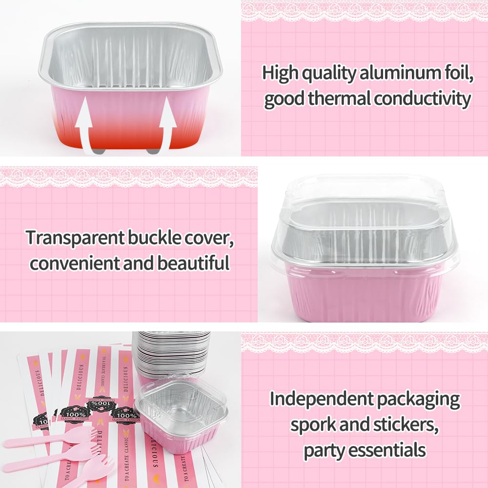 RETON 100 Pcs Mini Cake Pans with Lids Sporks and Stickers, 5oz Aluminum Foil Square Baking Cake Cups, Individual Cupcake Containers Foil Ramekins for Brownies Dessert Party Wedding Birthday (Pink)