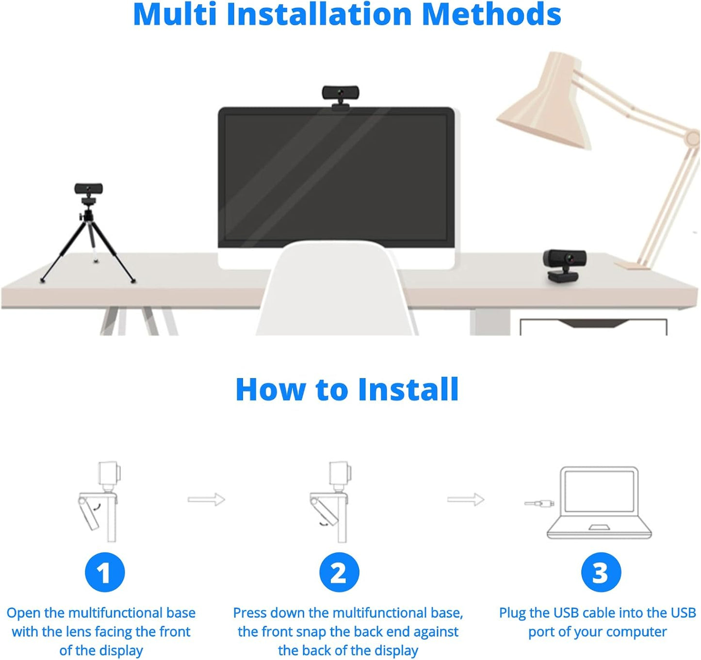 Yunseity 1440P 360 2 Webcam with Microphone, HD USB Computer Web Camera with Rotation, Auto Light Correction Mics