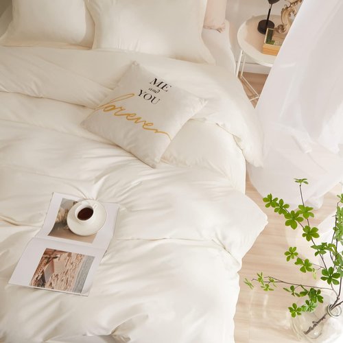 AMWAN Queen Size Soft Washed Microfiber Duvet Cover Set - Cream White with Zipper Closure, 90”x90” + 2 Pillowcases