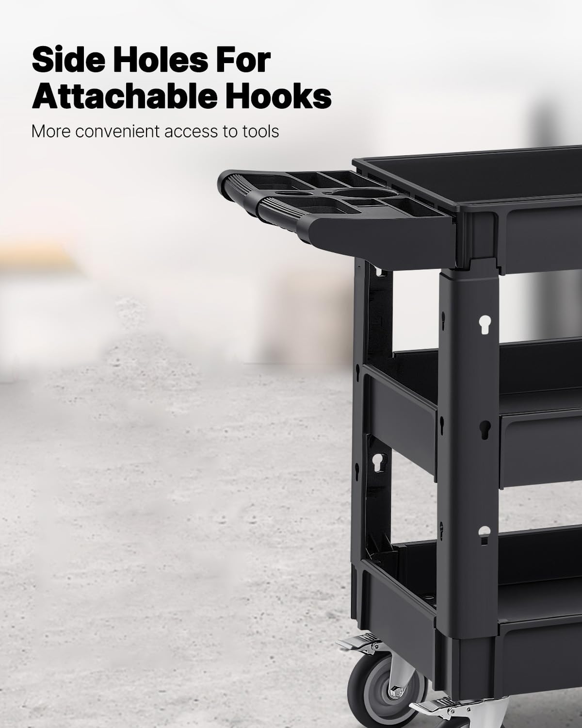 VEVOR Utility Cart, 3-Tier Plastic Service Cart with 550LBS Capacity, 360° Swivel Casters (Including 2 Locking Wheels), Medium Lipped Shelves, Ergonomic Handle, for Garage, Warehouse, Cleaning Tasks
