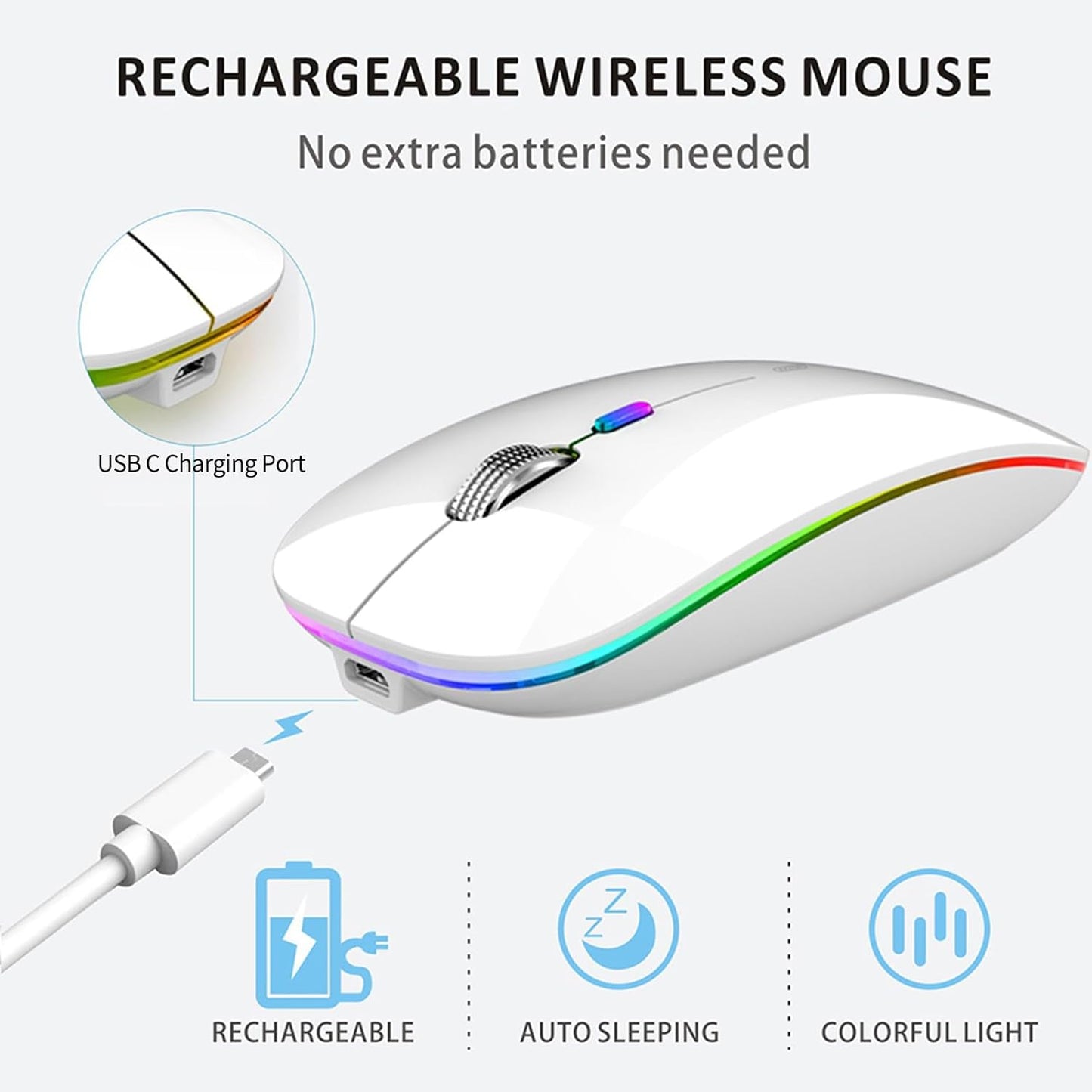 Uiosmuph G12 2.4G LED Wireless Mouse, Slim Rechargeable Silent Mouse, Portable USB Optical Wireless Computer Mice