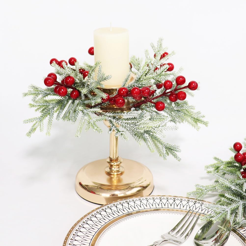 Skiennix 2-Piece Christmas Wreath Candle Rings - Artificial Cedar & Cypress with Red Berries for Holiday Table Decor