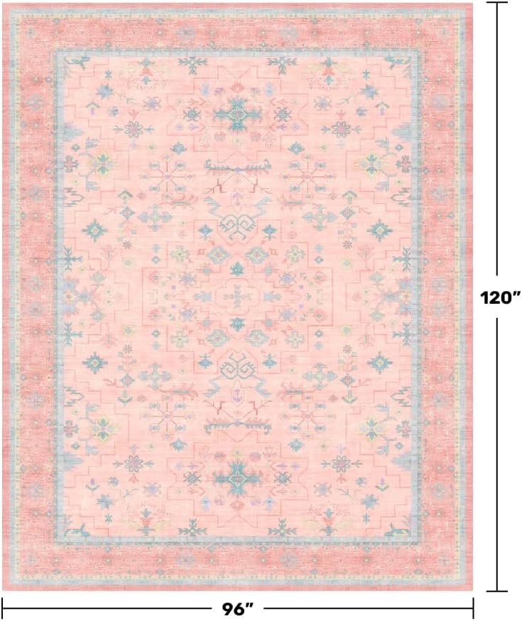 Oushak Rugs | Washable 8x10 Pink and Blue Floral Design | Soft Faux Wool, Non-Slip, Stain Resistant for Bedroom & Living Room