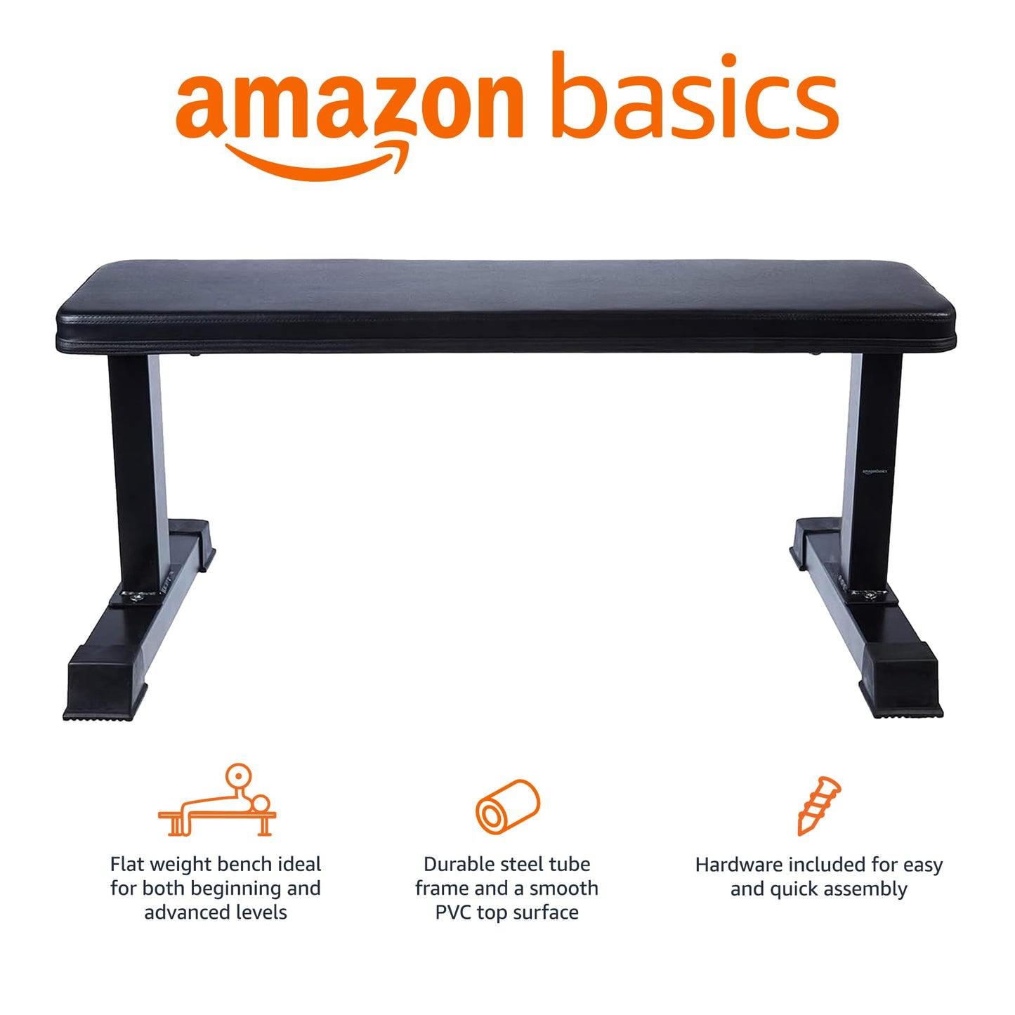 Amazon Basics Sturdy Flat Weight Bench for Home Gym, Strength Training, Stable Assembly, Black