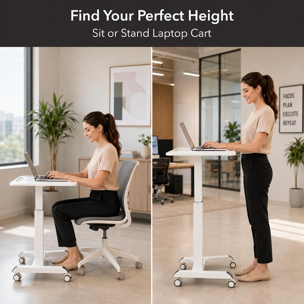 Mount-It! Laptop Cart Rolling Desk Adjustable Height with 28.5" x 22" Tabletop, Ergonomic Sit-Stand Workstation on Wheels Portable for Home Office, Dorm, Classroom, White
