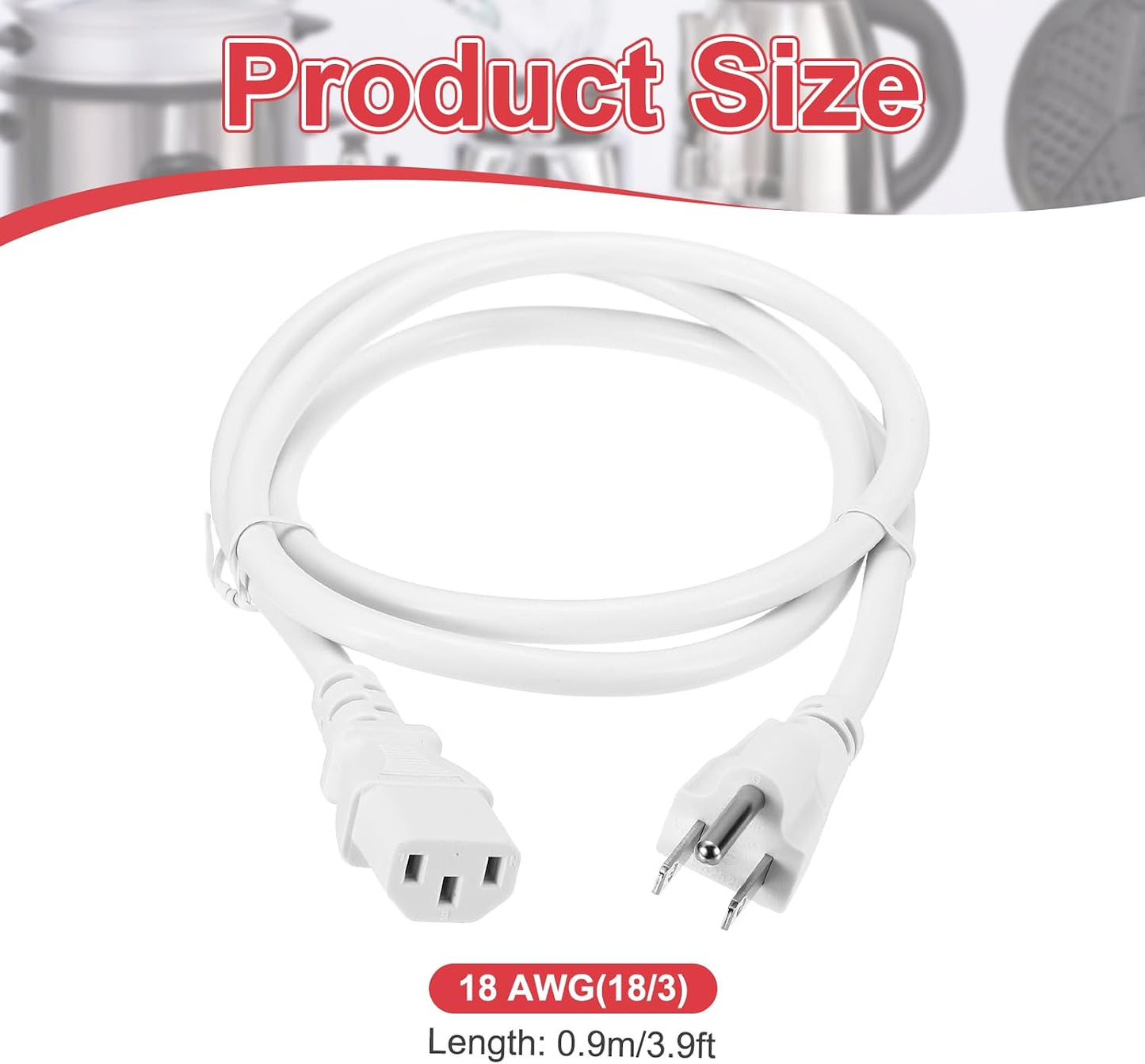 MECCANIXITY 3ft 18 18/3 C13 5-15P 10A 125V 3-Prong AWG White Universal Power Cord to NEMA Extension Power Cord