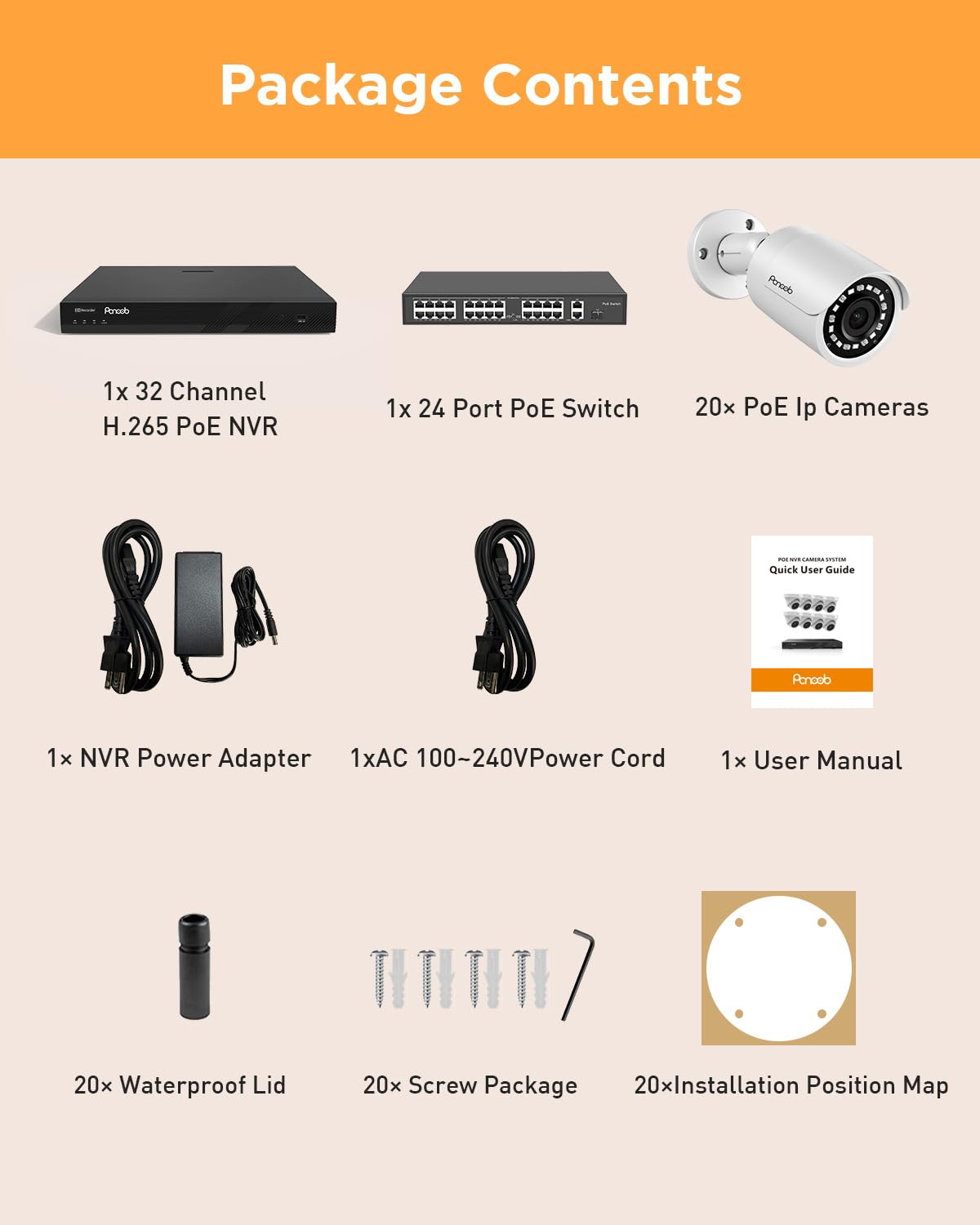 PANOOB 32 Channel Security Camera System, 4K 32CH PoE NVR 8TB HDD, 20x 5MP Wired Surveillance IP PoE Cameras Outdoor with AI Human Detection, Built-in Microphone, 100ft IR Night Vision, PB37F2032-5M