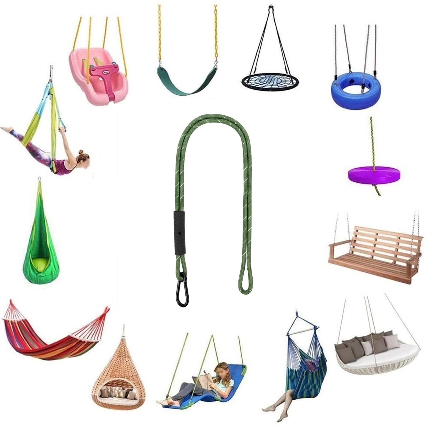 Heavy Duty Tree Swing Ropes, Hammock Tree Straps Hanging Kit, for Outdoor Swings Hammock Playground Set Accessories (1.75ft,21",Green,2Pack)