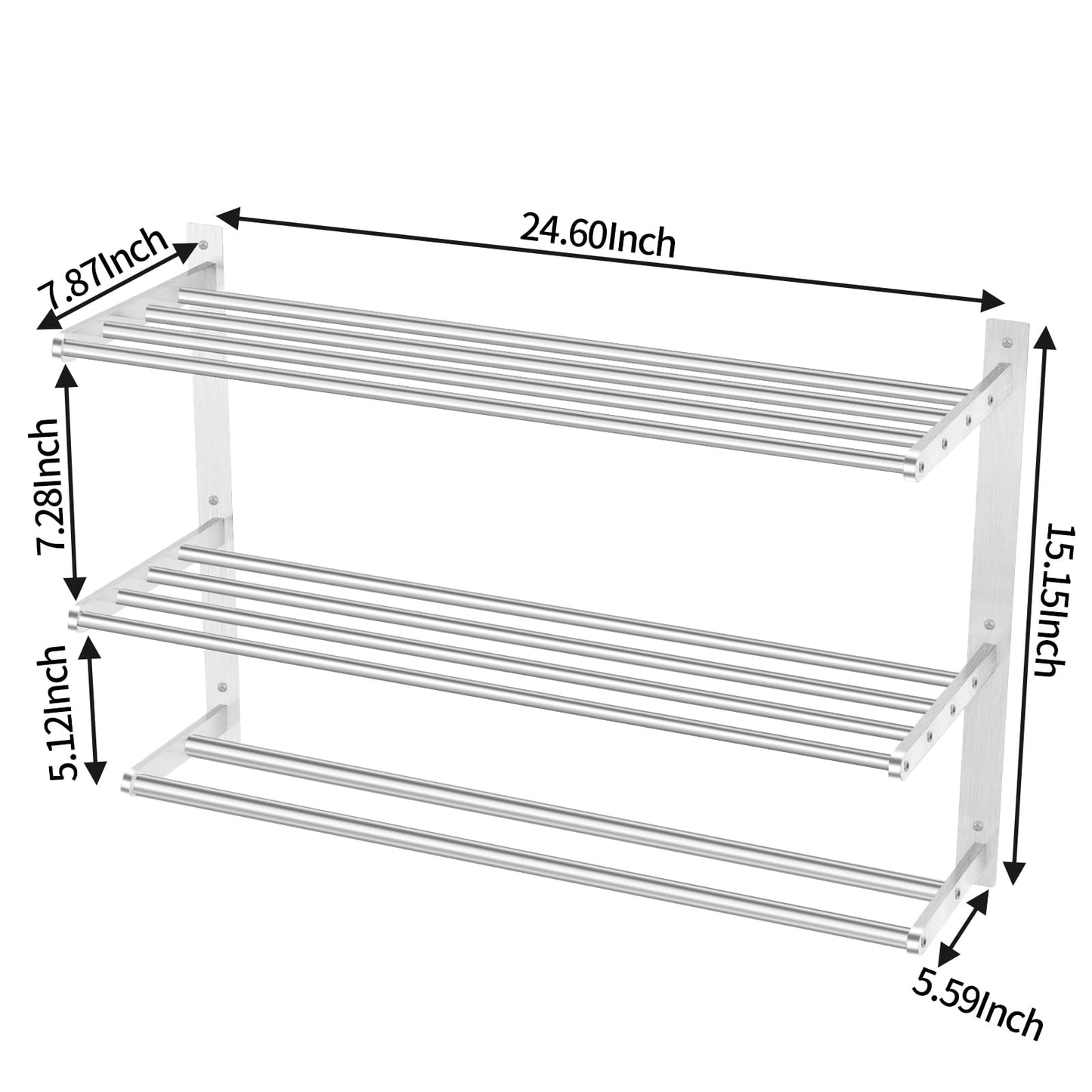 Towel Racks for Bathroom Wall 24 Inch, 3 Tier Bathroom Towel Shelf with Double Towel Bar, Stainless Steel Towel Rack with Towel Shelf, Towel Hanger Holder for Bathroom Towel Storage, Brushed Nickel