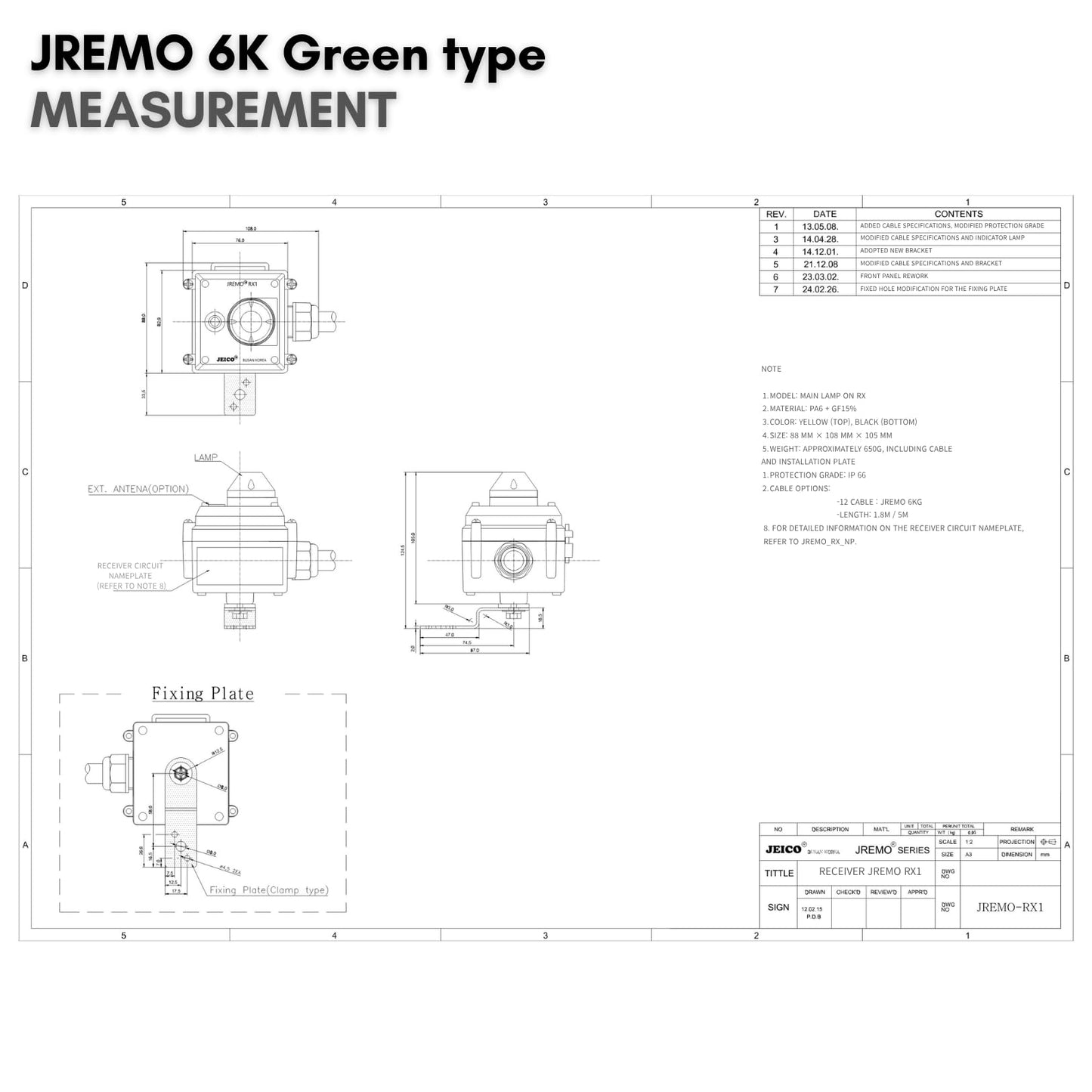 JEICO Crane Hoist Industrial Wireless Remote 6 Buttons Controller JREMO 6K Green Type (1 Transmitter + 1 Receiver) Green, Made in Korea