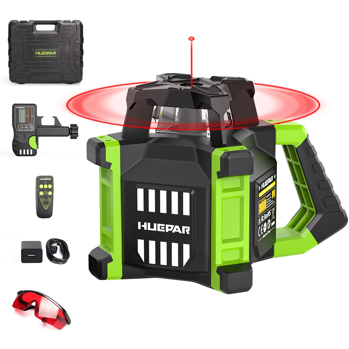 Huepar Electronic Self-Leveling Rotary Red Laser Level Kit - 360 Horizontal Laser Beam Interior/Exterior Rotating Laser Level Tool with Receiver, Protective Glasses, Hard Case RL300HR