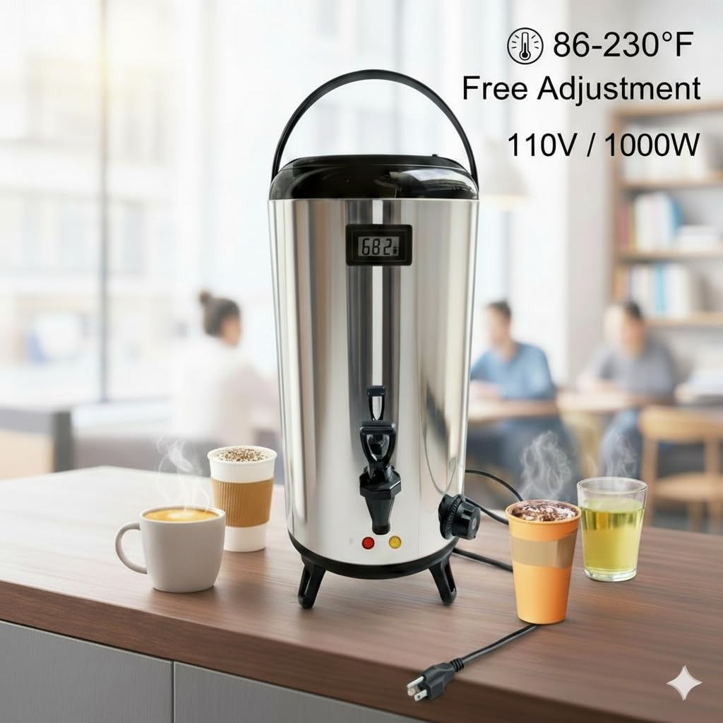 Electric Hot Drink Dispenser with Temperature Display & 304 Stainless Steel Heating Plate, 12L / 3.2 Gallon Heated Beverage Dispenser with Spigot for Milk Tea, Coffee & Water
