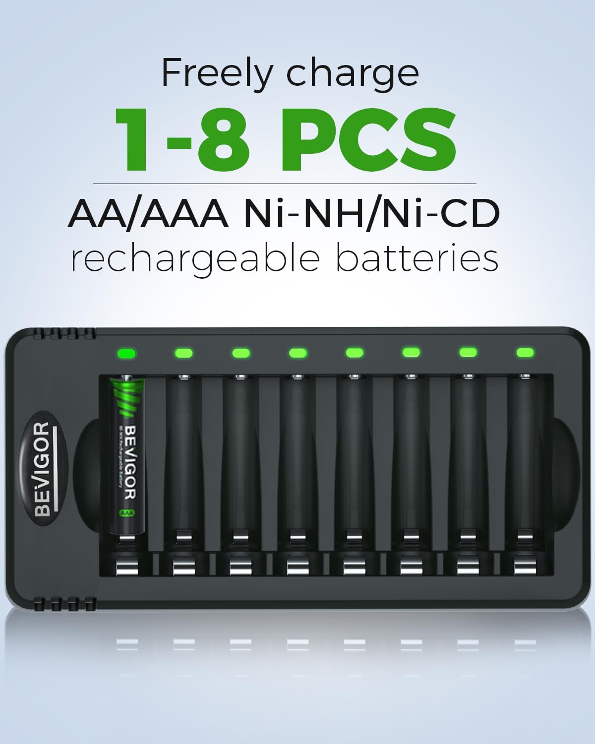BEVIGOR 8 Bay AA AAA Battery Charger, Independent Slot Charger with LED Light, USB High Speed Charging, for Ni-MH Ni-CD