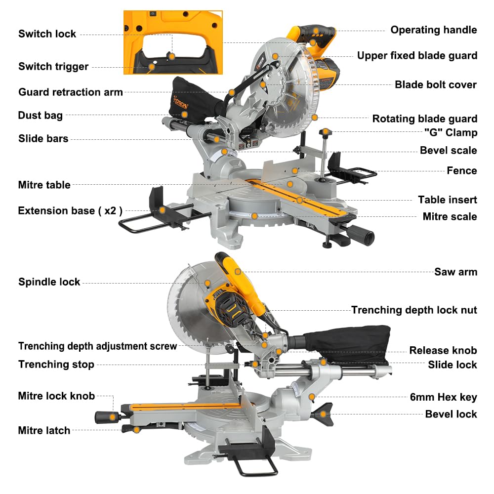 Hoteche 10-Inch Miter Saw 15A Sliding Compound Single Bevel Chop Saw with Laser Guide and TCT Saw Blade for Wood and Metal Working