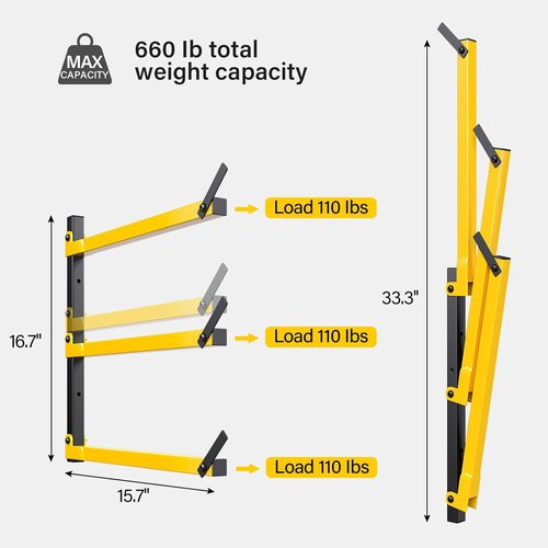 GREENER Lumber Storage Rack - Heavy-Duty Wall-Mounted Wood Organizer | 3-Level Design for Indoor & Outdoor Use, Yellow
