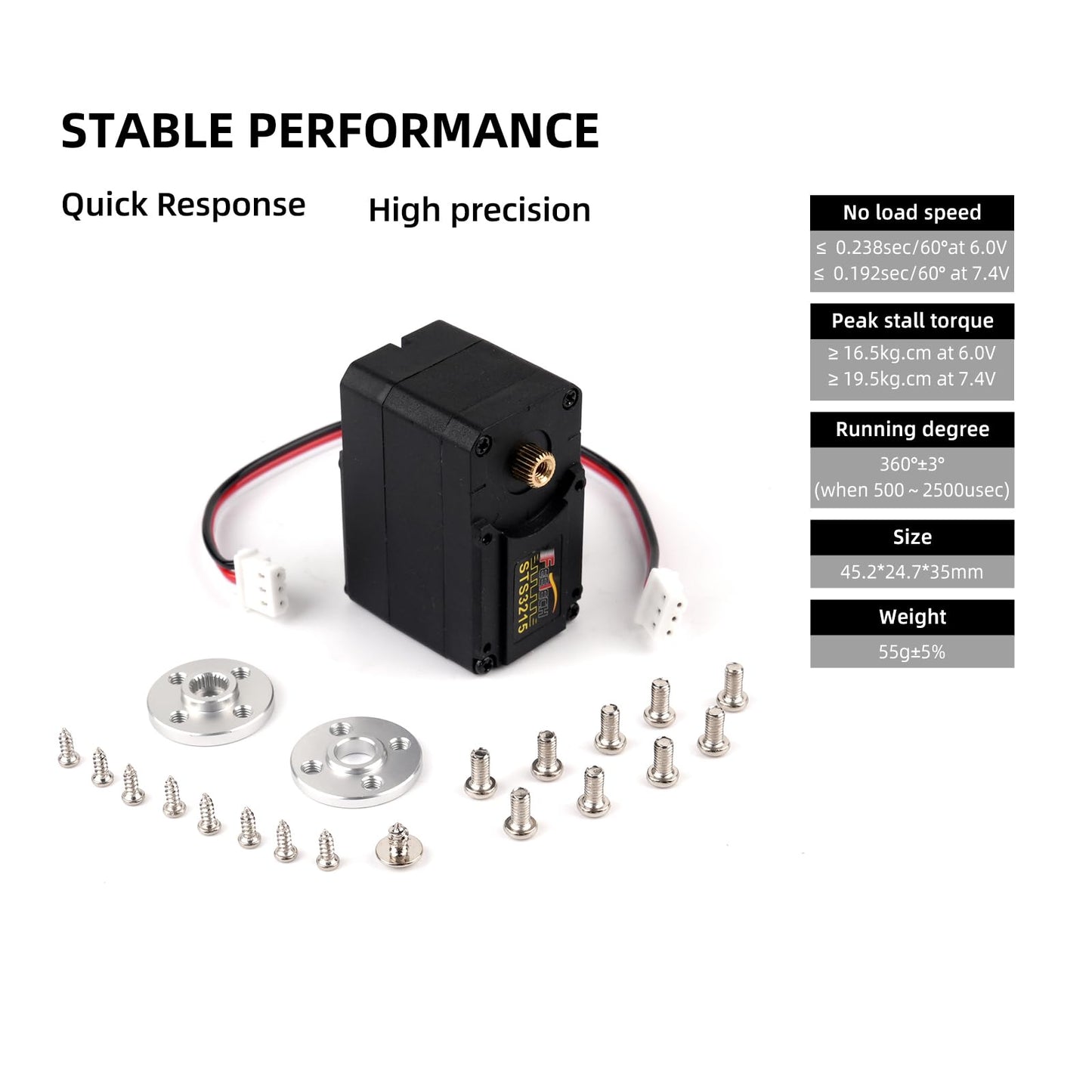 RCmall Feetech STS3215 Digital Servo Motor, High-Torque 19KG, 7.4V Dual Axis TTL Serial Bus Control, 360° Magnetic Encoder, Feedback Function, Black, 6-Pack