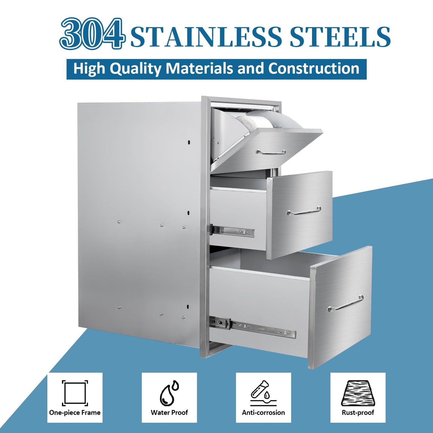 Outdoor Kitchen Drawers with Paper Towel Holder 17"Wx30"Hx20"D Flush Mount Access 3-Drawer BBQ Stainless Steel Drawers with Handle for Outdoor Kitchen Island or Grill Station