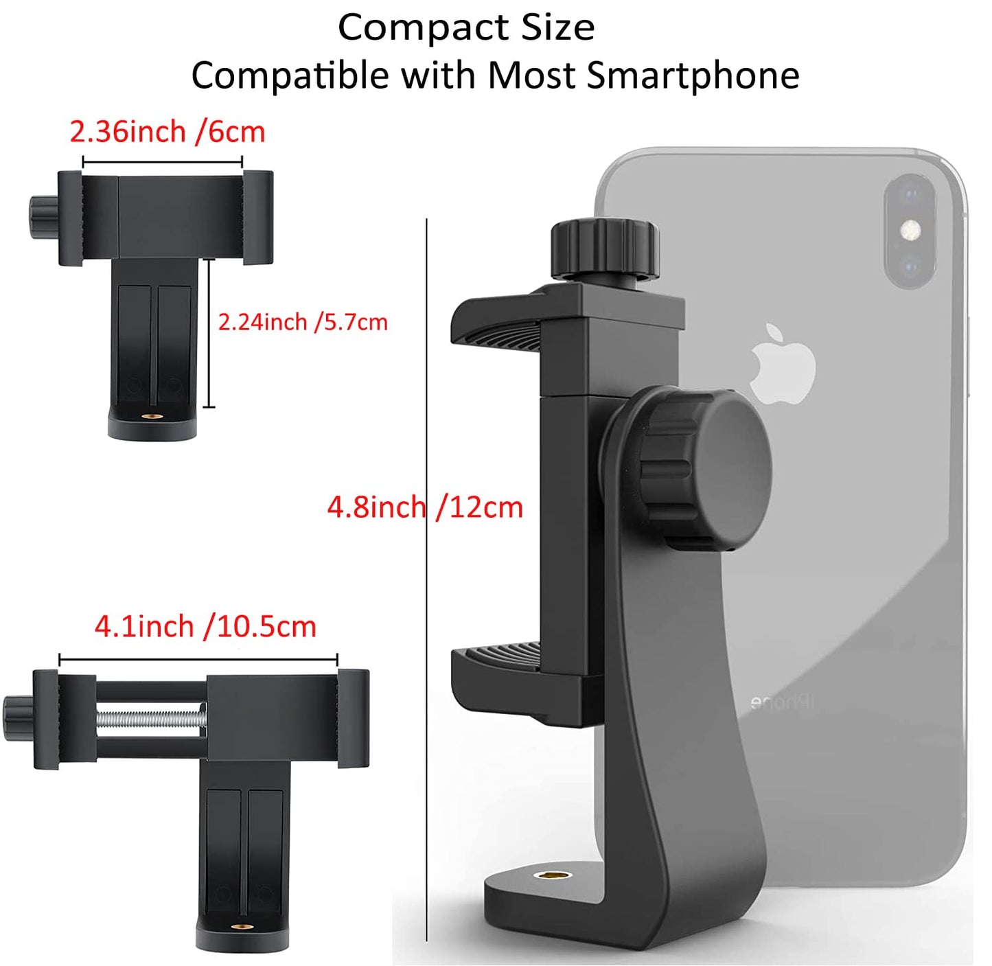 EszkozTA Cell Phone Tripod Mount Adapter, Universal Phone Holder Adjustable Clamp, 360 Degree Rotatable Bracket 1/4" Screw Clip for iPhone, Samsumg, Selfie Stick, Monopod (Black-1 Pack)