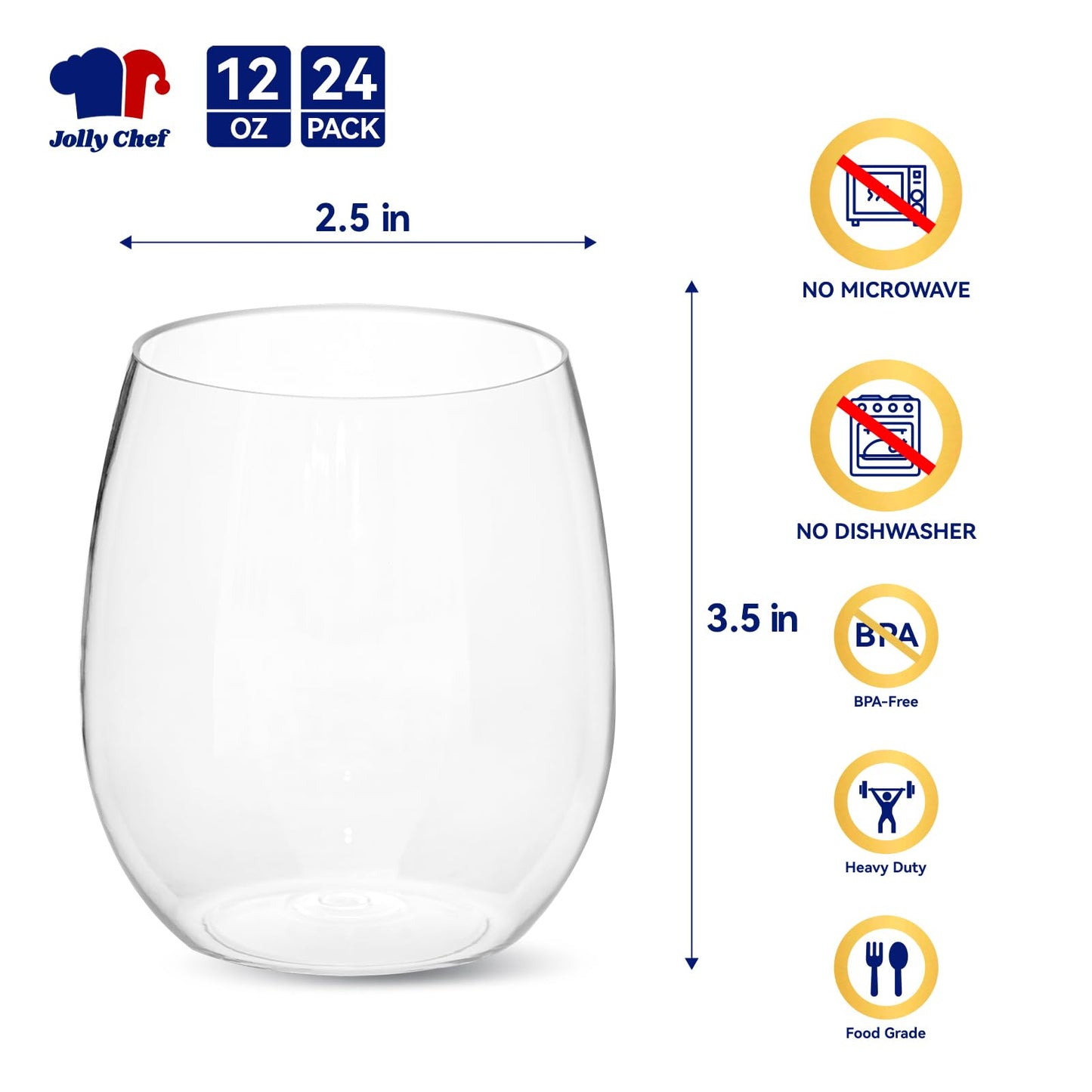 JOLLY CHEF 24 Pack 12 Oz Disposable Plastic Wine Glasses, Shatterproof, Unbreakable, Crystal, Stemless Plastic Wine Cups for Party, Halloween, Thanksgiving, Christmas