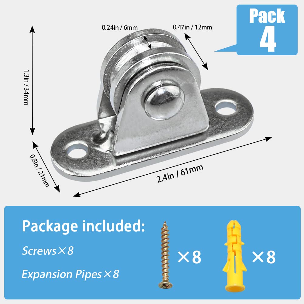 Small Pulley Block Silent Pulley Wheel Heavy Duty Fixed Pullies Loading 176 lb for Cord Material Handling Moving and DIY Project Wall Ceiling Mount Pulleys (4 Pack)
