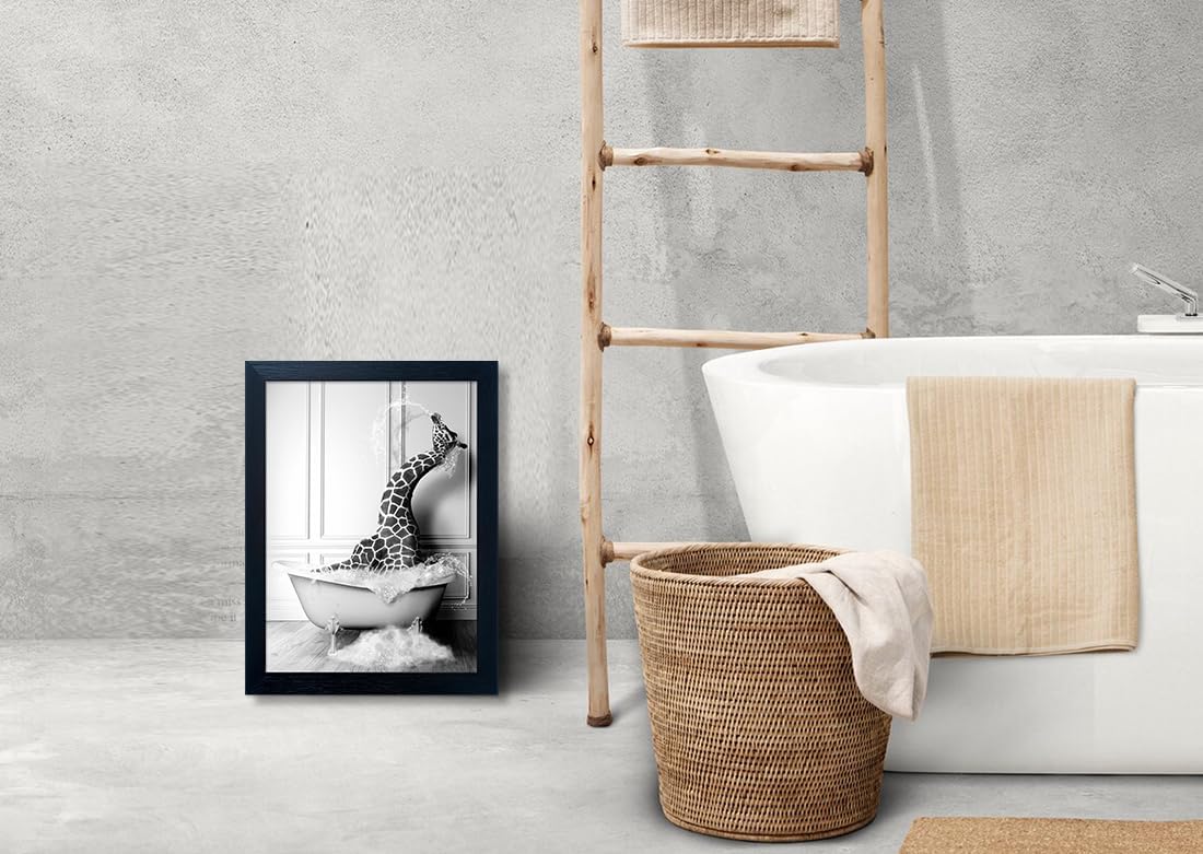 Skiennix Framed Animal Bathroom Wall Art - Funny Giraffe in Bathtub Canvas Print | Black and White Decor for Kids' Bathrooms
