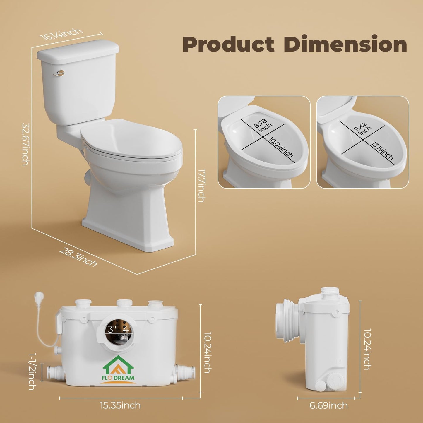 Macerating Toilet with Pump–Upflush Toilet System for Basement/Attic, 4 Water Inlets & AC Vent, 36ft Vertical Lift, Dual Flush, Easy Install,17.7" Elongated Bowl