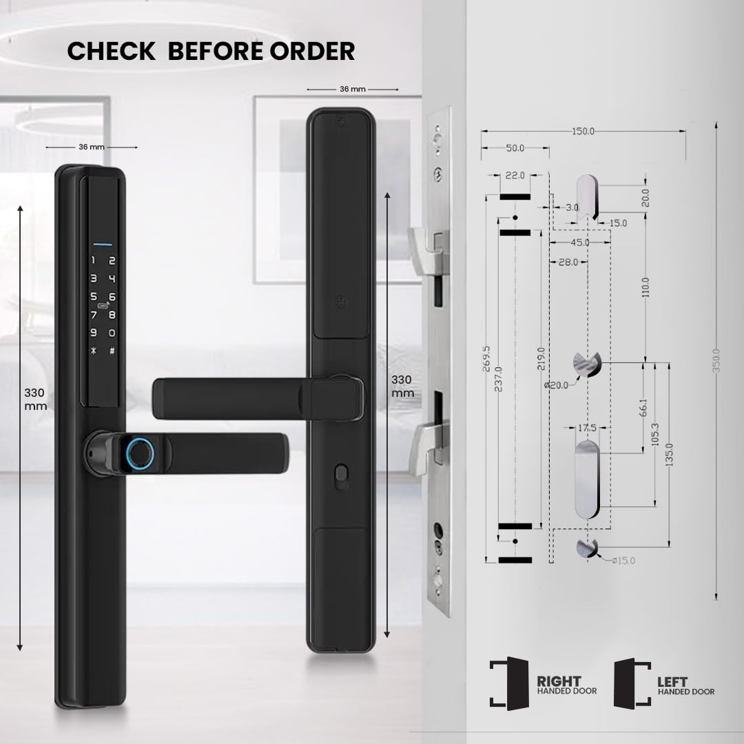 Smart Door Lock for Sliding Doors – 6-in-1 Keyless Entry with Fingerprint, Passcode, IC Card, Tuya App Control, Physical Key + Built-in Doorbell, Auto-Lock, Sleek Black Aluminum, Easy Installation