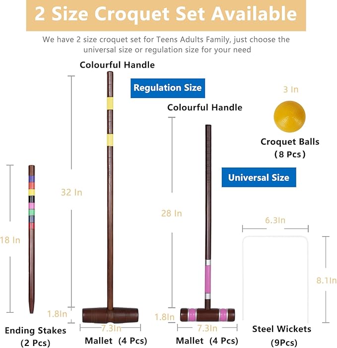 Deluxe 8 Players Croquet Set with 32In Regulation | 28In Standard Size Rubber Wood Mallets, Colored PE Ball, Wickets, 21In End Stakes - Lawn Backyard Game for Teens/Adults/Family