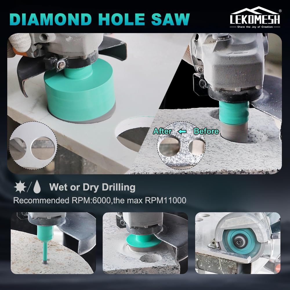 LEKOMESH Tile Hole Saw Kit for Porcelain Tile-(6/6/8/20/35/50/75/100/125mm+Finger Bit+Chamfer Bit+Adapter+Tile Blade) Diamond Tile Drill Bits Precision Cutting for Ceramic Marble,5/8"-11 Thread