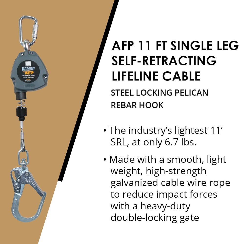 AFP Demon 11 FT Single Leg Self-Retracting Lifeline Cable Retractable | Steel Locking Pelican Rebar Hook | Safety Yoyo Fall Protection Arrest Limiter | Construction Industrial | OSHA & ANSI Rated SRL