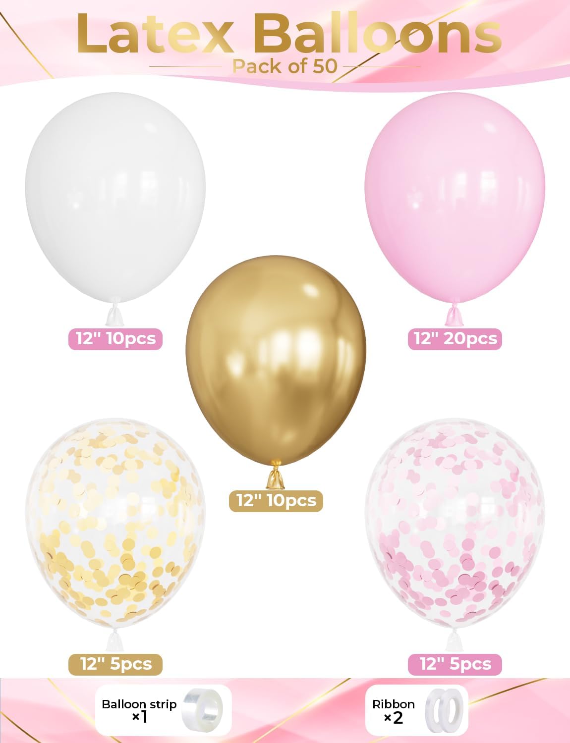 Skiennix Pink and Gold Balloons Set - 12 Inch Light Pink & White Metallic Balloons for Baby Shower & Birthday Parties