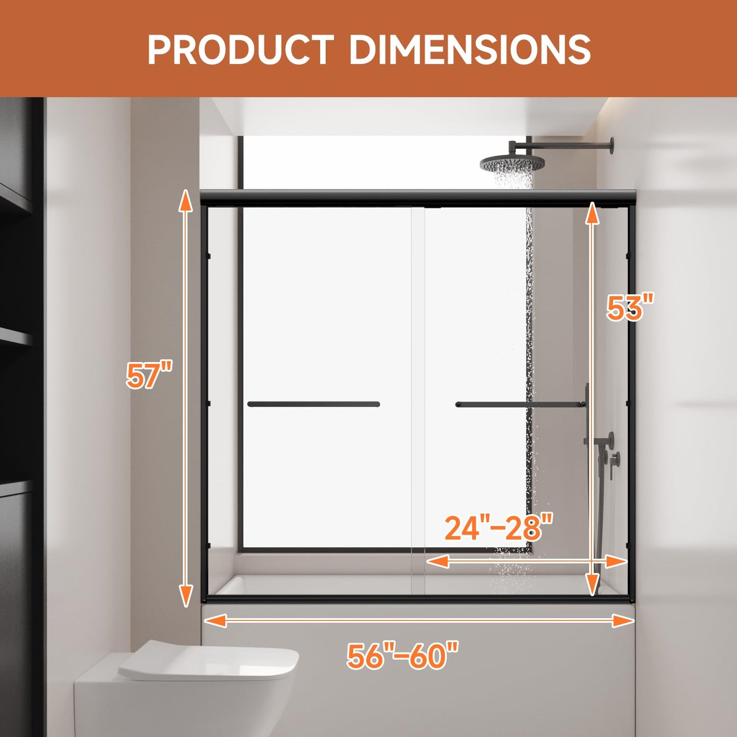 GUUKAR Bathtub Shower Door, 50-60" W x 57" H Shower Glass Door, Semi-Frameless Double Sliding Bathroom Tub Shower Door with 1/4 inch Clear Tempered Glass, Matte Black