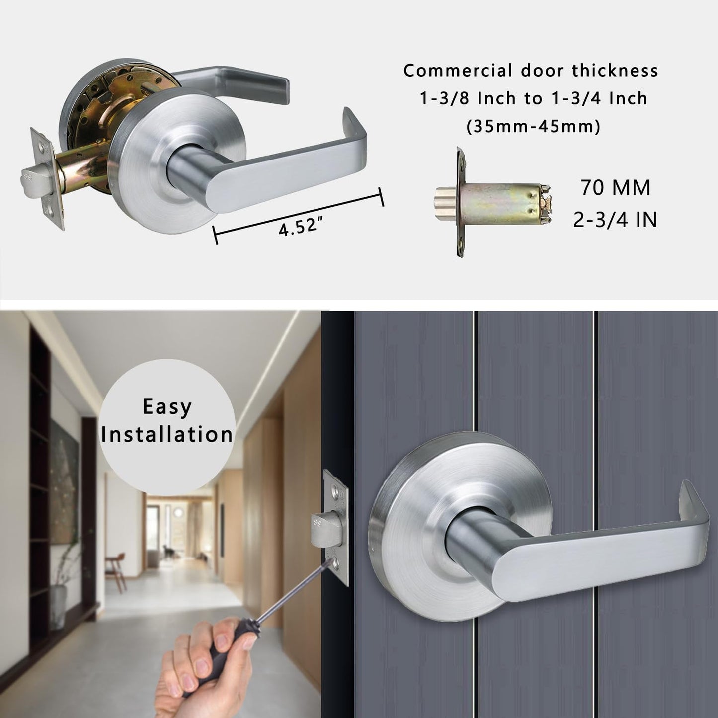 HISAFE 2 Packs of Passage Commercial Door Locks Heavy Duty Grade 2 Lever, Non-Handed, UL 3 Hour Fire Rated, ADA Compliant, Satin Chrome Finish 26D, 2-3/4''Backset