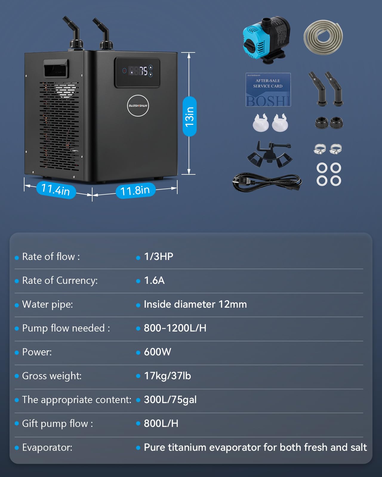 BAOSHISHAN Aquarium Chiller 79 gal, 1/3 hp Compressor & Silent Fan for Hydroponics System/Fish Tank/Axolotl/Coral Reef/Fresh & Sea Water