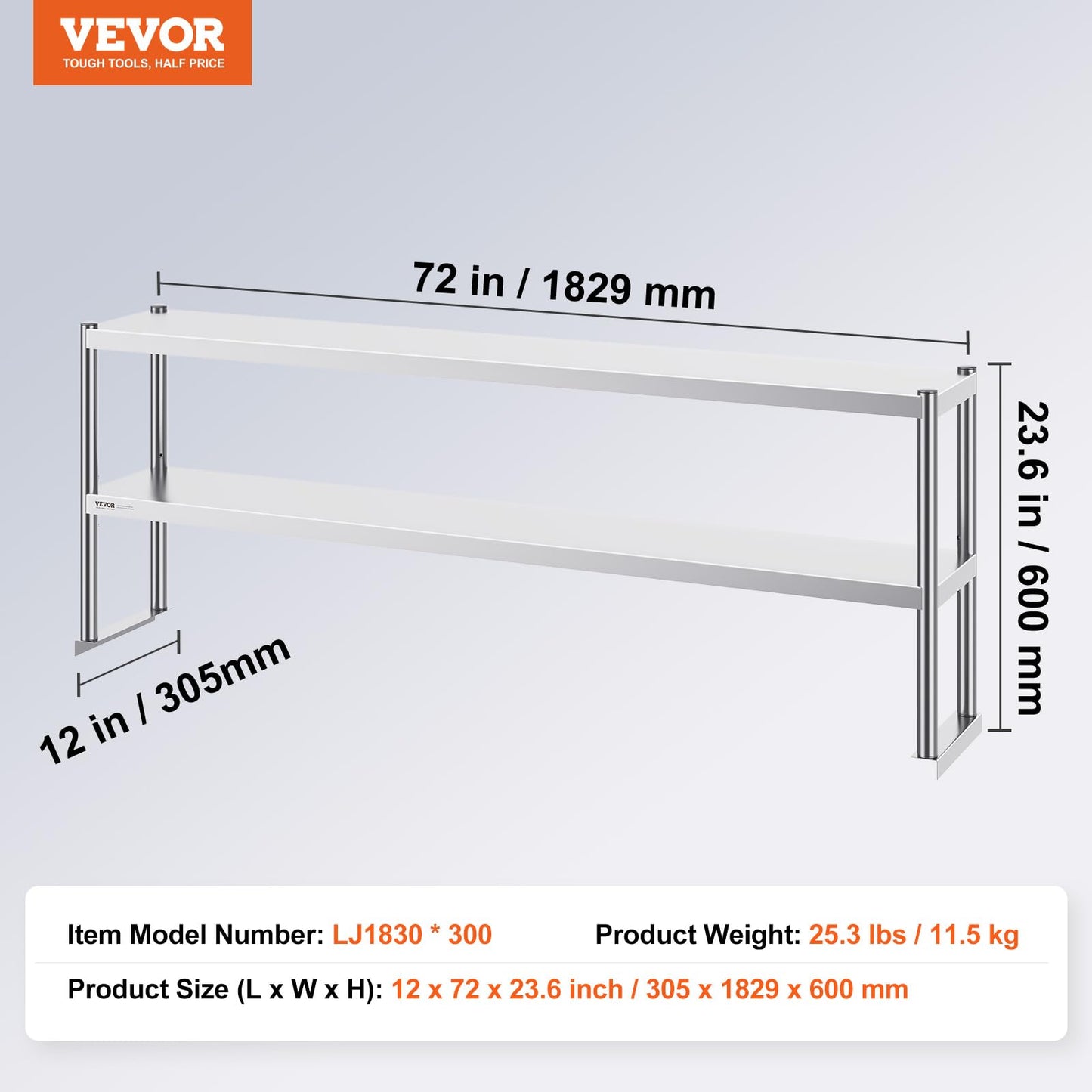 VEVOR Double Tier Stainless Steel Overshelf, 12 x 72 Inch Double Deck Height Adjustable Prep Work Table for Kitchen, Restaurant and Workshop