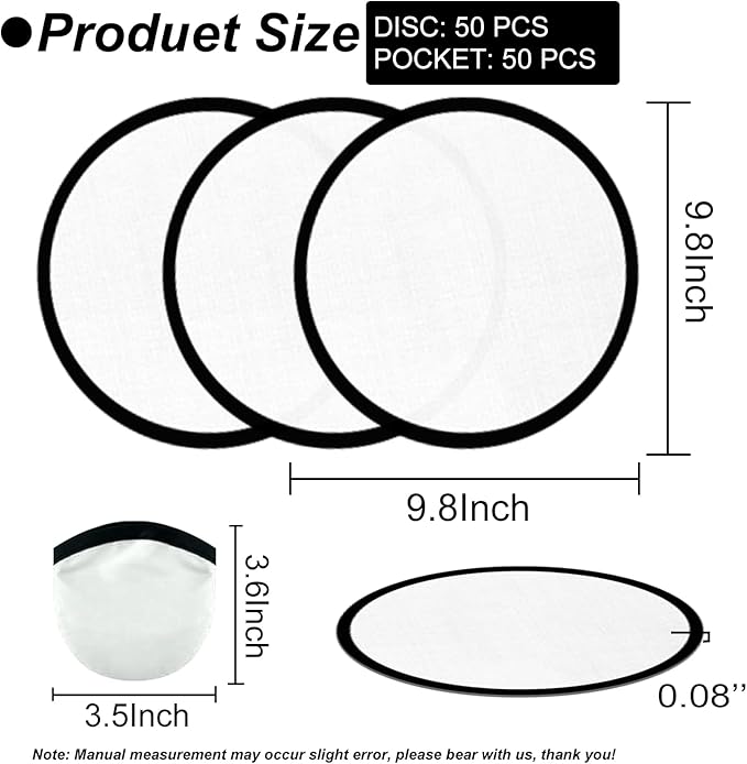 50PCS Foldable Flying Disc Fans with Bags, 9.8'' DIY Handheld Black Egde Fabric Folding Fan for Outdoor Game Activities Birthday Party Favors End of Year Student Gifts, White