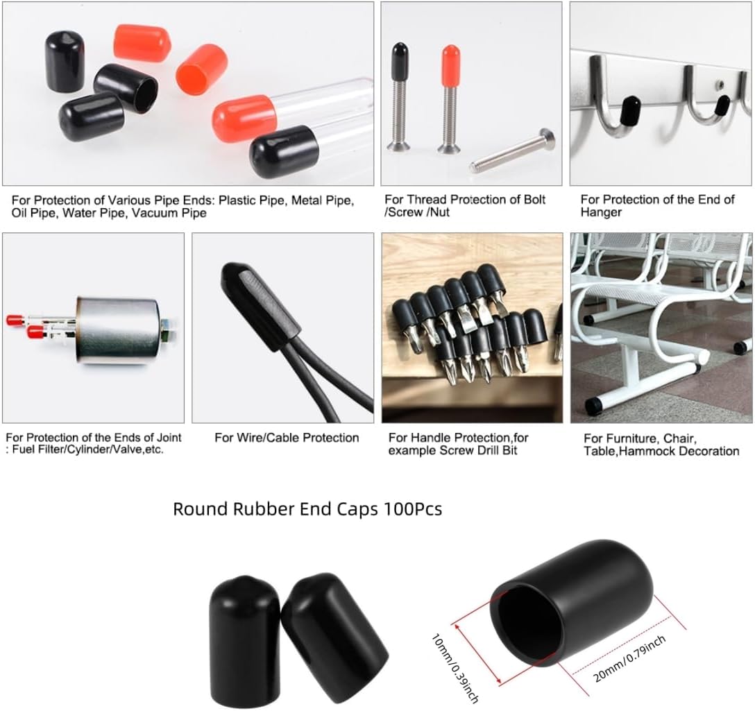 QLXHBOT Round Rubber End Caps 100 Pcs 3/8" (10mm) ID Vinyl Flexible Screw Thread Protectors Black Bolt End Caps for Metal Tubing Rod Bolt
