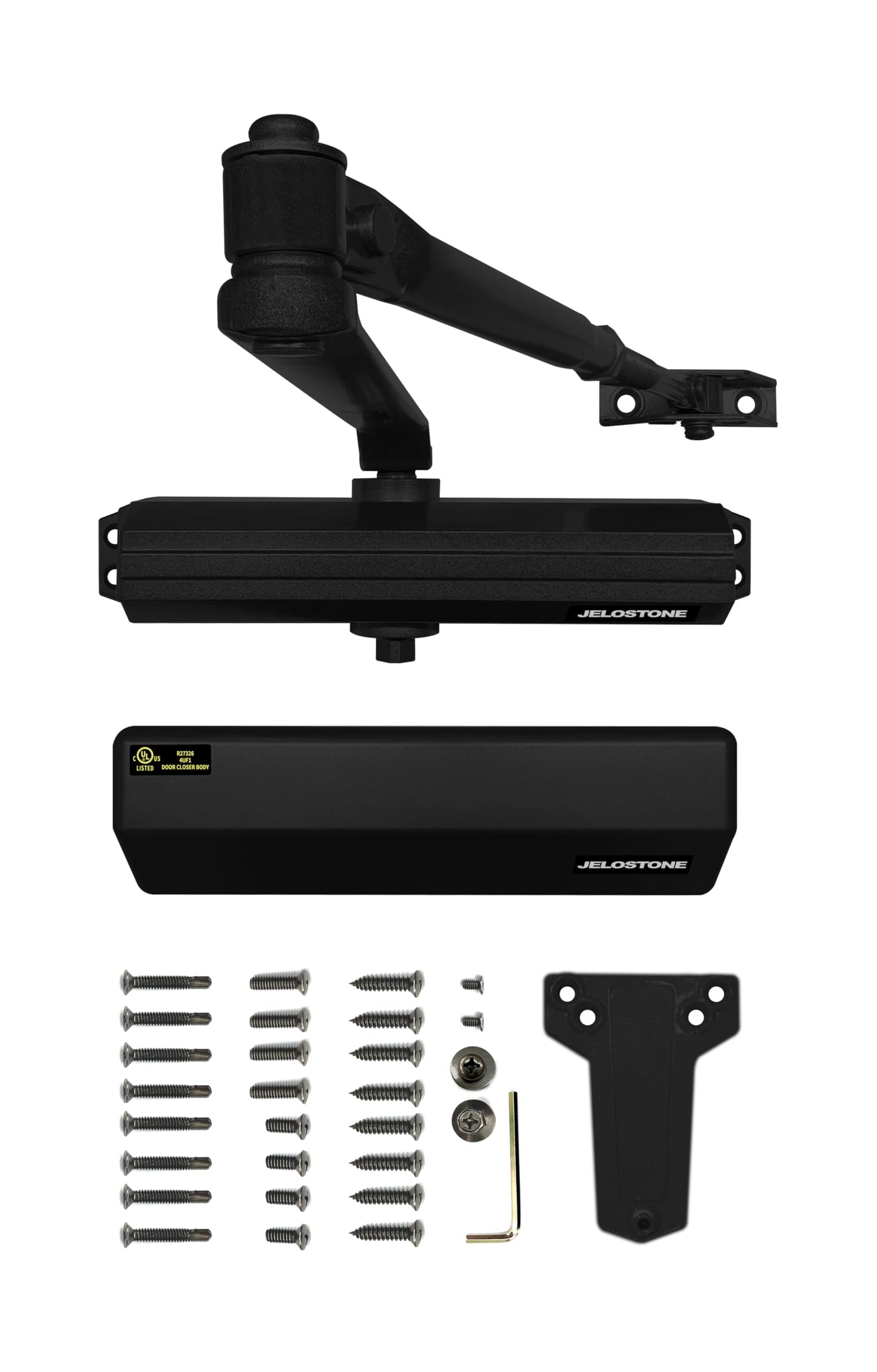 JELOSTONE Medium/Heavy Duty, Commercial Door Closer D4000, ANSI Grade 1, UL 3 Hour Fire Rated, ADA Compliant, Adjustable Spring Size 1-6 for Doors (44-330lb, 30-60 in), Indoor/Outdoor (Black)