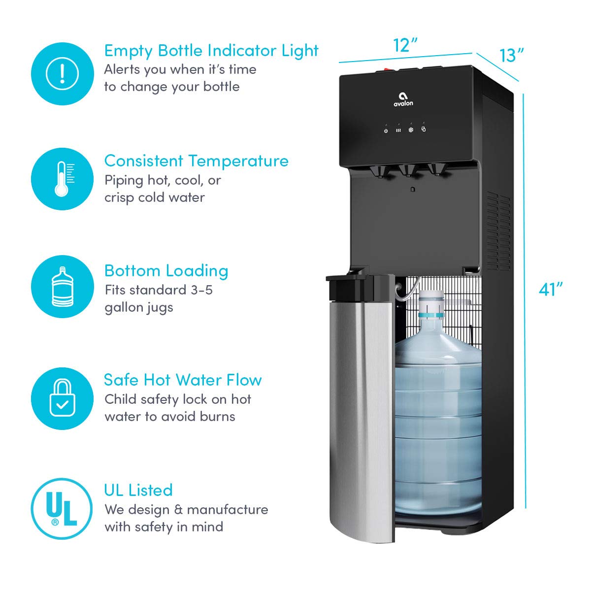 Avalon A4BLWTRCLR Bottom Loading Water Cooler Water Dispenser - 3 Temperature Settings - Hot, Cold & Room Water, Durable Stainless Steel Cabinet, Bottom Loading - UL/Energy Star Approved