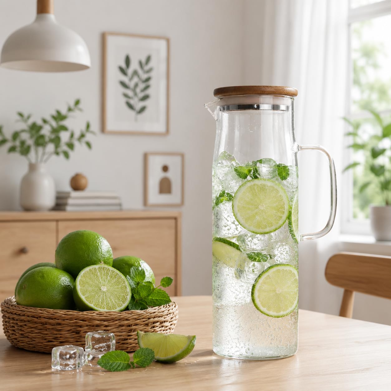 hjn Glass Pitcher with Lid Glass Water Carafe with Handle, Fridge Water Jug Cold or Hot Beverages, Iced Tea, Milk, Juice 1500ml/51oz &