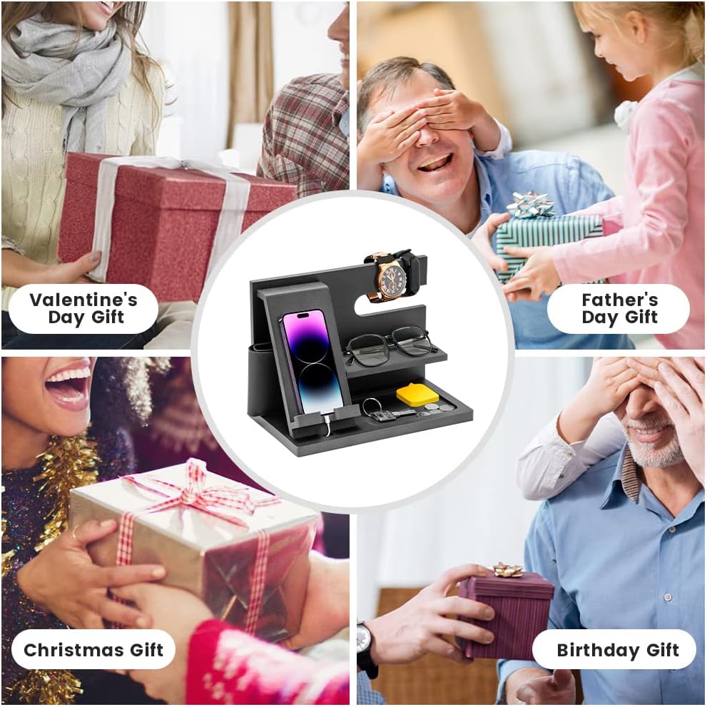 AliveByte Wood Phone Docking Station - Gifts for Men Desk or Nightstand Organizer - Birthday Gifts for Husband, Fathers