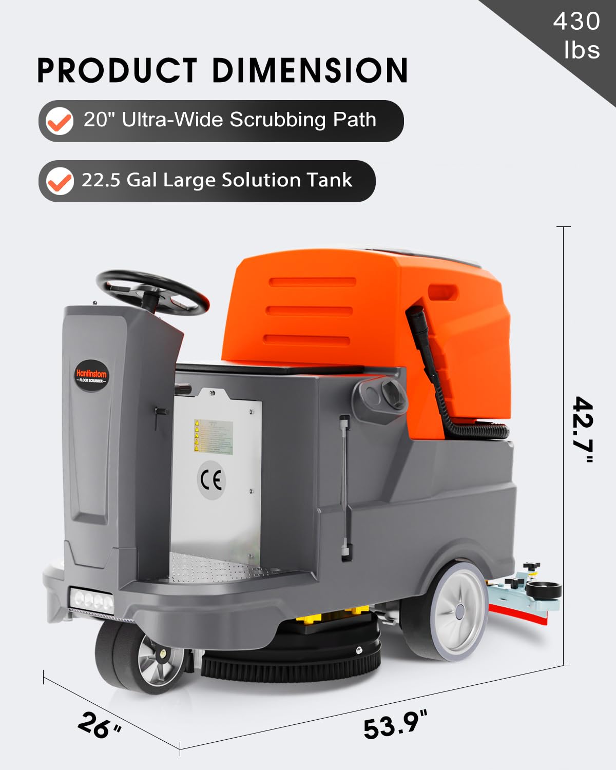 HANTINSTOM Ride-on Commercial Floor Scrubber with 20" Ultra-Wide Scrubbing Path,High-pressure Watergun，LED Light,22.5 Gal Large Solution Tank,3 Hours Wireless Working Time, 31,400 Sqft/h