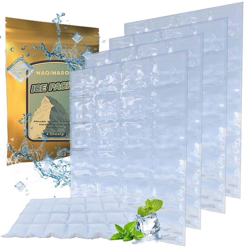 WAQIWARON Ice Sheets for Coolers Reusable - Ice Pack Sheets - 4 Large Flat Freezer Packs for Coolers - 96 Cube Ice Packs for Flexible Ice Mat - Long Lasting Ice Packs for Cooler