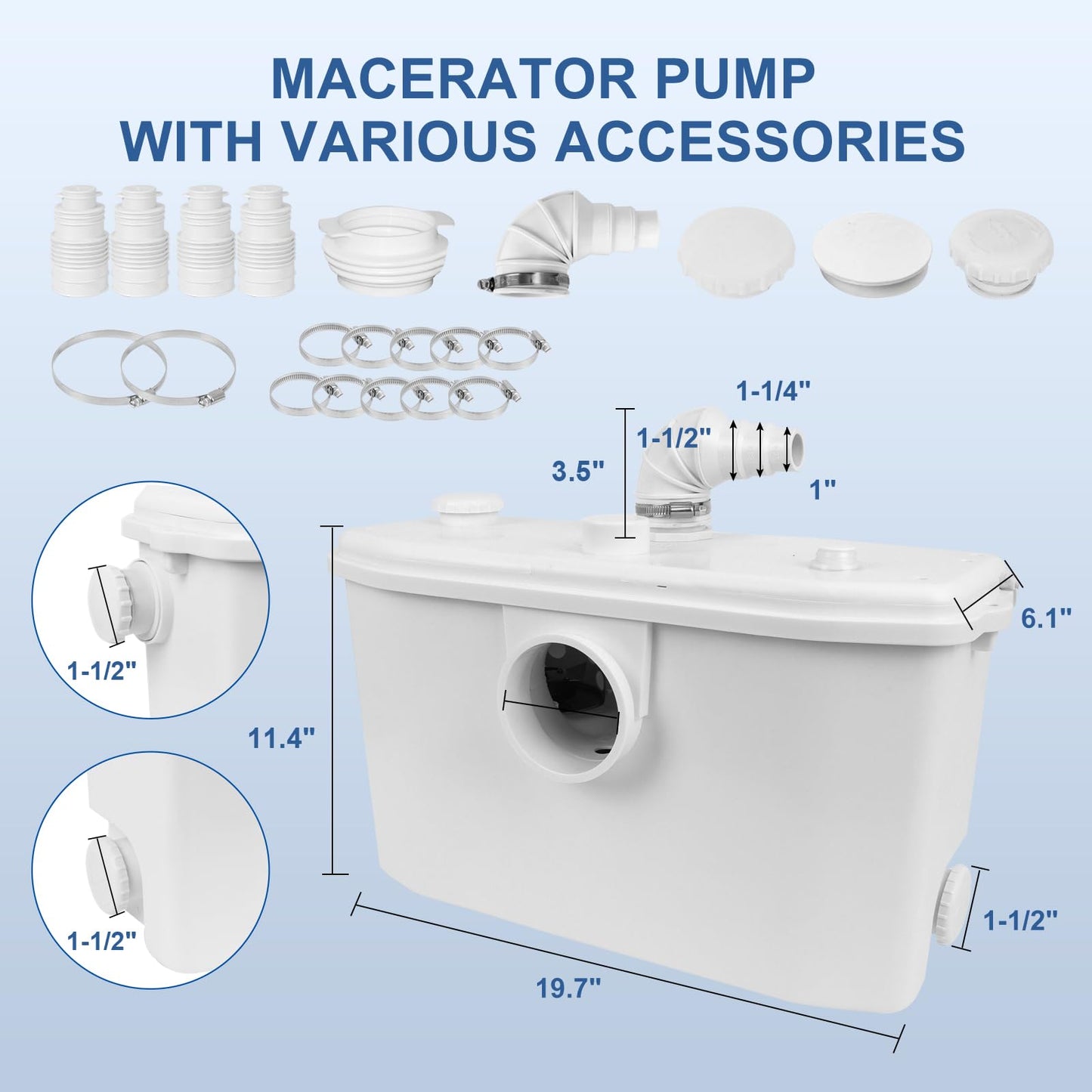 Dreamsani 750W Macerator Pump, Macecrating Toilet Pump for Basement with Water Connections for Macerating Toilet, Laundry, Cooking Sink, Clothes Washer，3 Inlets & 1 Outlet