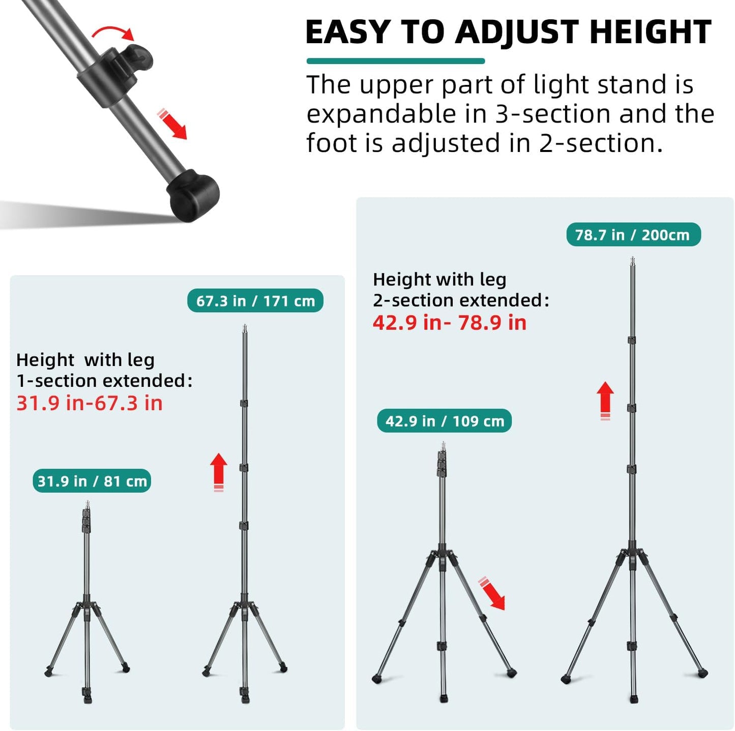JEBUTU 6.6ft/2m Extendable Photography Light Stand, Adjustable Aluminum Light Tripod Stand for Travel, Reversible