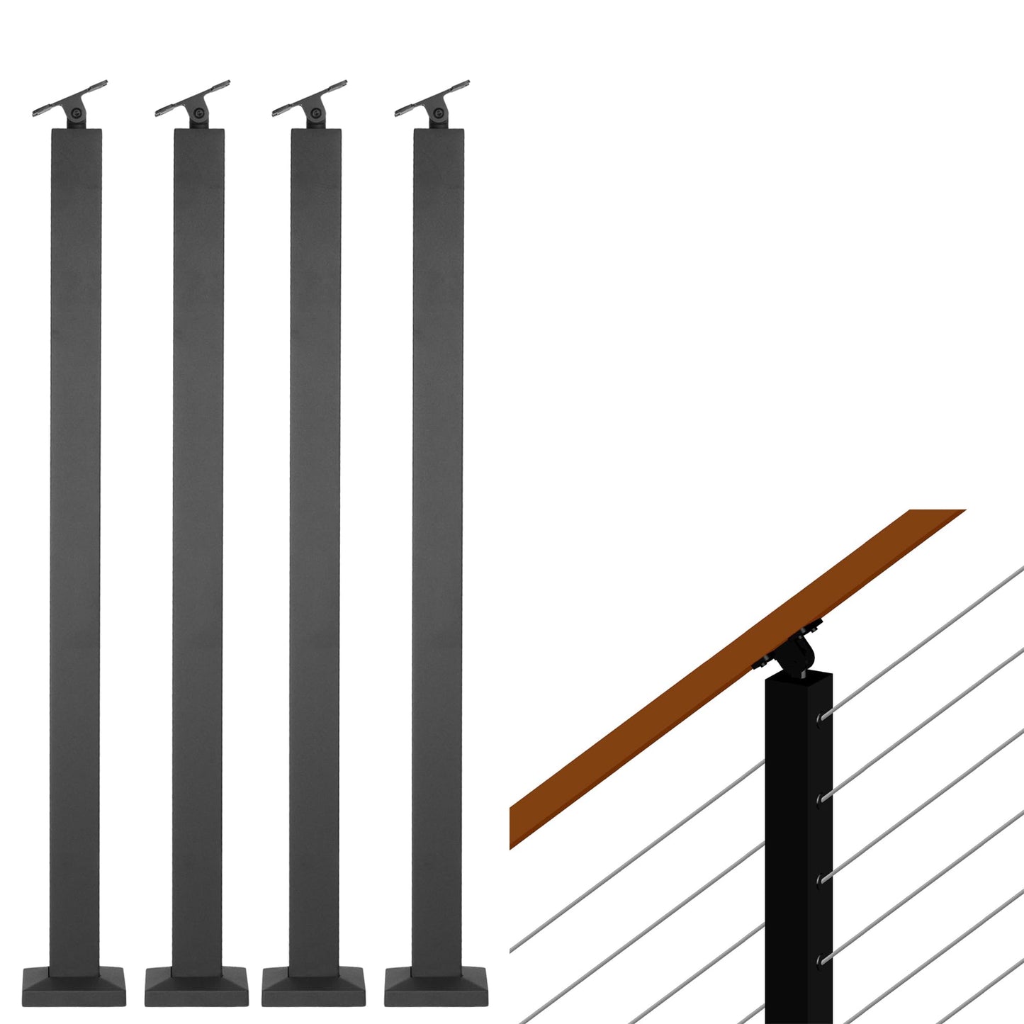 Senmit Cable Railing Post for Steps - Stainless Steel Square Fence Post for Deck Stair Cable Railing System, Angle Adjustable Top 36"x 2"x 2" Matte Black 10 Holes 30°Angle Pre-Drilled-4 Pack