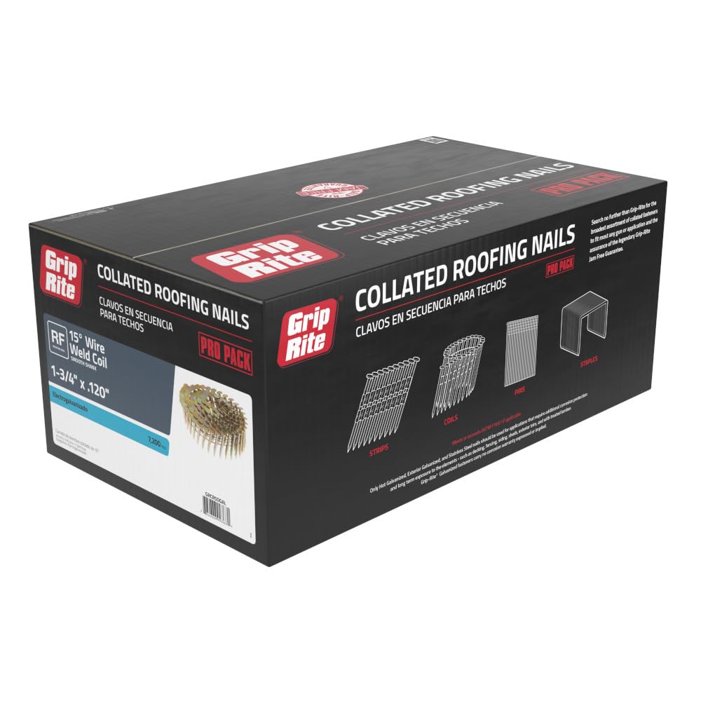 Grip-Rite 15 Degree Galvanized Roofing Nails - Secure Shingles to Wood Substrates - 1-3/4" - 7200 Count - GRCR5DGAL