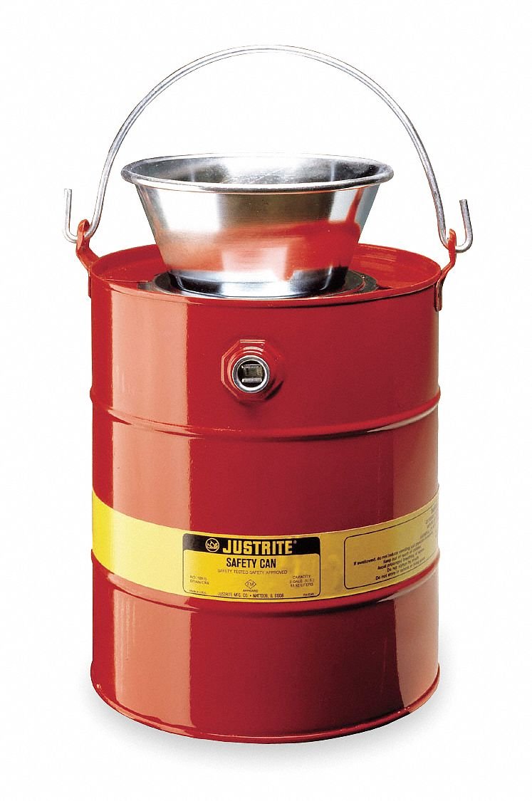 Justrite 10903 Steel Drain Can with Plated Steel Funnel, 11L Capacity